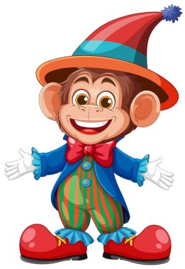 Canlı bir palyaço kılığındaki bir maymunun canlı bir temsili. Parlak renkleri ve neşeli ifadeleri var.