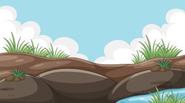 Nehir kıyısında kayalar, yeşil çimenler, mavi gökyüzü ve düz çizgi film tarzında bulutlar olan bir sahnenin vektör çizimi. Parlak, temiz renkler