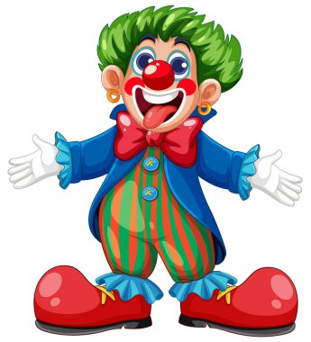 Abartılı özellikleri, parlak renkleri ve neşeli ifadesi olan neşeli bir palyaçonun canlı vektör çizimi