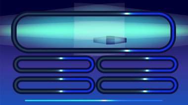 Parlayan neon elementlere sahip parlak vektör çizimi, canlı mavi ve yeşil renklerde modern bir arayüz düzeni içeriyor