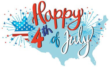 ABD haritasının kırmızı, beyaz ve mavi renklerde gösterişli tipografisi ve havai fişek gösterimi