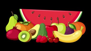Karpuz, muz, kivi ve armut gibi çeşitli meyvelerin canlı dijital animasyonu, katı siyah arka plana karşı hafif bir hareketle yumuşak geçişler.
