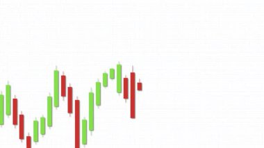 Candlestick grafik animasyonu, değişen yeşil ve kırmızı çubuklarla beyaz arkaplan üzerine kurulmuş boğa eğilimini gösterir