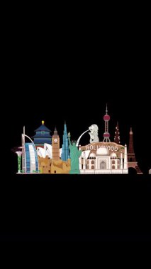 Animasyon dünyası simgeleri siyah bir arkaplan üzerinde canlı bir gökkuşağı altında toplanıyor, renkli metinler 