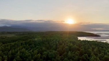 Avustralya 'nın Port Douglas kentindeki tropikal yağmur ormanlarını aydınlatan gün doğumunun hava manzarası. Ilık aydınlatma dingin doğal güzelliği arttırır.