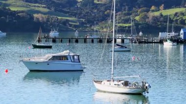 Boats gently sway in Akaroa Harbor under clear skies, capturing serene coastal scenery with calm waters and lush hills