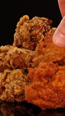 Bir el, çeşitli kızarmış tavuk kanatları ve bagetlerden siyah bir arkaplanı aydınlatan sıcak, stüdyo ışıkları altında pürüzsüz kamera hareketleriyle bir yığın tavuk kanadı alır.