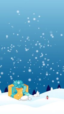 Noel Baba, kardan adam, hediyeler, zencefilli kurabiyeler ve yağan kara ve dikey biçimde mavi gökyüzüne karşı dekore edilmiş ağaçla canlandırılmış kış sahnesi.