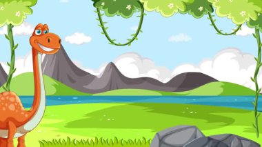 İki animasyon dinozor rengarenk bir tarih öncesi ortamda dağlar, ağaçlar ve açık gökyüzü ile etkileşim halindedir.