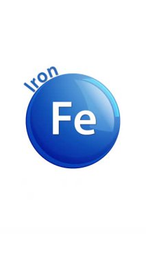 Bir mavi ütü (Fe) simgesi, bembeyaz bir zemin üzerinde gösterilmiş ıspanak, kırmızı et, fındık ve tohumlarla yavaş yavaş çevrelenir ve pürüzsüz geçişler yapar.