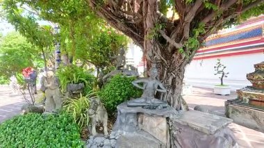 Wat Pho, Bangkok 'ta sakin bir bahçe sahnesi, yumuşak gün ışığında yemyeşil yemyeşil ortamda karmaşık taş heykeller var.