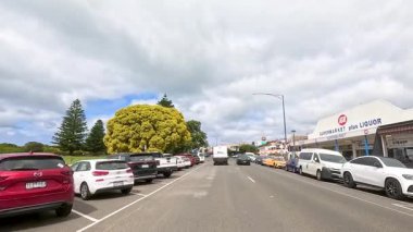 Parlak caddelerin, park edilmiş arabaların ve bulutlu gökyüzünün altında yemyeşil çimlerin sergilendiği 29 saniyelik bir sürüş.