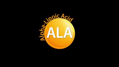 Parlak bir Alfa Lipoik Asidi (ALA), pürüzsüz bir siyah zemin üzerinde, resimli sebzeler ve karaciğerle çevrelenmiş bir şekilde amblem oluşturur.