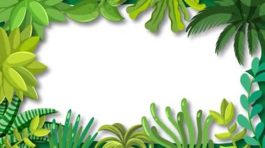 Bereketli yeşil tropikal yapraklar düzgün bir şekilde büyüyüp içe doğru genişliyor ve merkezi beyaz bir alan etrafında canlı bir çizgi oluşturuyor. Düz vektör biçimi, kusursuz döngü