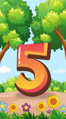 Canlandırılmış çocuklar canlı, renkli bir açık hava ortamında ağaçlar ve çiçeklerle büyük bir beşlikle etkileşim halindedirler.