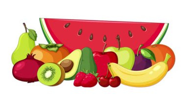 Karpuz, muz, armut, kivi ve kirazlar da dahil olmak üzere renkli bir meyve çeşitliliği, parlak ışıklandırmayla pürüzsüz bir düz vektör animasyonunda sabit kalır.