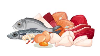 Sabit bir animasyon, düz vektör tarzı kullanılarak, beyaz zemin üzerinde çeşitli çiğ etler, balık, karides ve yumurtaların ayrıntılı bir illüstrasyonunu gösterir.