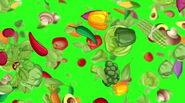 Parlak yeşil zemine karşı canlı sebzeler çağlıyor.