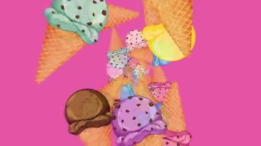 Çoklu resimli dondurma külahları parlak, renkli kepçeler ve dinamik geçişlerle neşeli, enerjik bir hareket yaratarak canlı pembe bir zemin üzerinde döner ve yakınlaşır.
