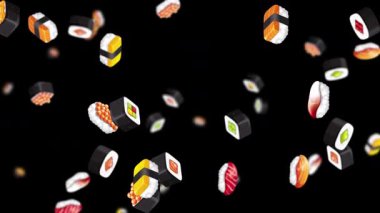 Suşi parçaları karanlık bir zemine düşüyor.