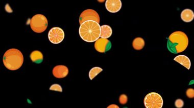 Portakallar ve dilimler siyah arkaplana düşüyor