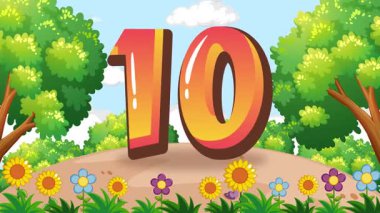 Çocuklar renkli, hareketli bir açık hava sahnesinde ağaçlar ve çiçeklerle birlikte büyük bir on numara etrafında toplanıyorlar.