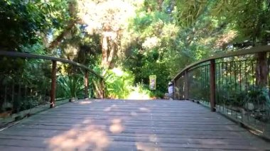 İnsanlar manzaralı bir hayvanat bahçesi yolunda yürüyor.