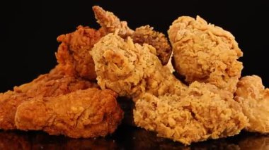 Bir el, stüdyo ışıklarının altında çeşitli kızarmış tavuk kanatları, but ve nugget yığınına uzanır. Siyah arkaplan, desen ve renkleri vurgular.