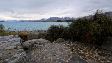 Tekapo Gölü, kayalık kıyı şeridi ve bulutlu gün ışığı altında karla kaplı uzak dağları ortaya çıkarmak için kamera yavaşça kayalık terastan geçer.