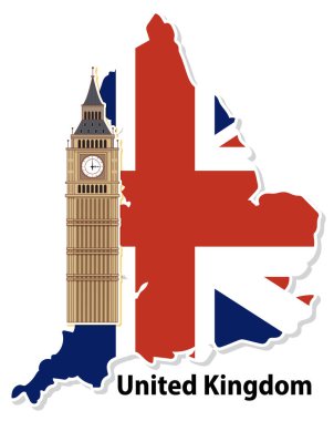 Büyük Ben 'in Birleşik Krallık haritasıyla bayrak renklerinde vektör illüstrasyonu. Açık hatları olan cesur, canlı bir kompozisyon.