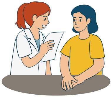 Konuşurken bir doktor ve hastanın vektör çizimi. Basit çizgiler, düz renkler ve dostça etkileşim hoş bir ortam yaratır.