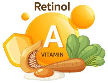 Havuç, ıspanak, yumurta ve karaciğer içeren A vitamini örnekleme düz tasarım, parlak renkler ve temiz kompozisyon.