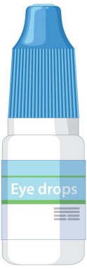 Steril göz damlası şişesinin vektör çizimi mavi kurdeleli, beyaz etiketli ve beyaz arka planda düz bir tasarım.