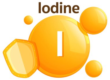 Pırıl pırıl turuncu iyot vitamin sembolü. Düz vektör stili kabarcıklar, kalın renkler, temiz çizgiler ve modern kompozisyon.