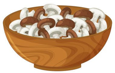 Temiz çizgiler ve düz renkler kullanarak doğal ahşap bir kaseye yerleştirilmiş taze beyaz ve kahverengi mantarların vektör çizimi