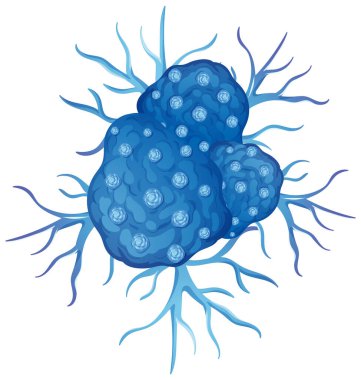 Dallanan yapıları, karmaşık tasarımı ve canlı renkleri olan mavi bir kanser hücresinin ayrıntılı çizimi