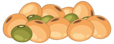 Kümelenmiş bir yığın içinde sarı ve yeşil soya fasulyelerinin çizgi film stili çizimi, düz renkler, temiz çizgiler ve basit gölgeleme