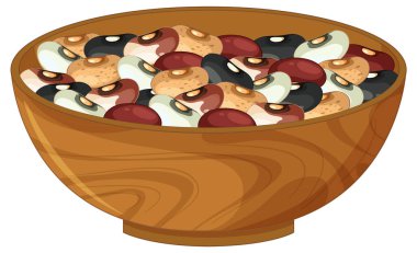 Değişik renklerde çeşitli fasulye içeren ahşap bir kasenin vektör çizimi, düz ve temiz bir tarzda, ince ahşap dokuya sahip.