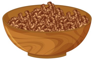 Kabuklu ceviz yarısıyla dolup taşan ahşap bir kasenin vektör çizimi, temiz, gerçekçi bir tarzda ve sıcak toprak tonuyla yapılmış.