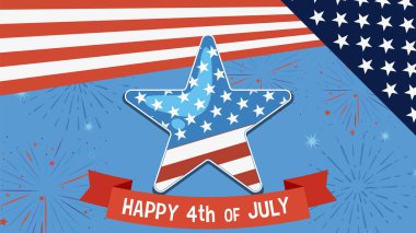 Havai fişeklerle çevrili Amerikan bayrağı renginde bir yıldızın vektör çizimi.