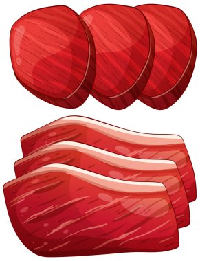 Canlı kırmızı tonlarda ham et kesiklerinin ayrıntılı vektör çizimi, dokunun altını çizmek ve gerçekçi gölgeleme