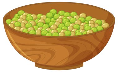 Yeşil ve sarı bezelye içeren ahşap bir kasenin vektör çizimi, düz çizgi film tarzında ve ince gölgelendirme