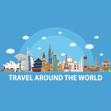 Değişik mimari tarzlar ve kültür mirası sergilenen mavi gökyüzü üzerindeki ünlü dünya simgelerinin renkli bir temsili.