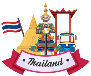 Canlı renkler ve detaylı tasarım elementleriyle ikonik Tayland sembollerini vurgulayan renkli vektör illüstrasyonu