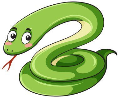 Büyük anlamlı gözleri, kıvrık gövdesi ve çatallı diliyle neşeli bir çizgi film tarzında çizilmiş sevimli yeşil bir yılanın vektör çizimi.