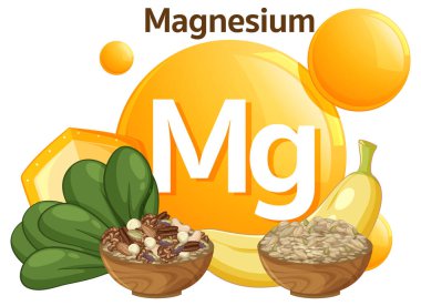 Ispanaklı, fındıklı, muzlu ve tahıllı magnezyum sembolü gösteren renkli düz tasarım vektörü. Parlak palet, temiz kompozisyon ve kalın metin ögeleri