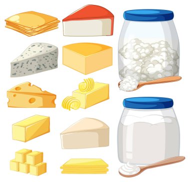 Canlı renkler, basit gölgeleme ve beyaz bir arkaplanda izole edilmiş, temiz vektör tarzında sıralanmış çeşitli peynir ve süt ürünleri