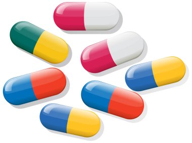 Parlak röfleli çok renkli vitamin kapsüllerinin vektör illüstrasyonu, düz beyaz arka planda dağınık bir kompozisyonda düzenlenmiştir