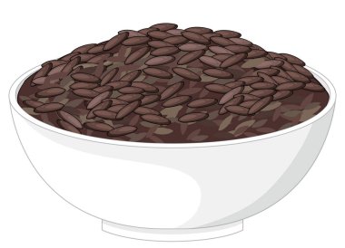 Pişmemiş siyah pirinçle dolu beyaz bir seramik kasenin vektörel çizimi, tarafsız arka planda, temiz ve düz bir tarzda yapılmış.