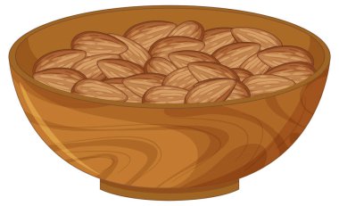 Yuvarlak ahşap bir kâse içindeki bademlerin gerçekçi vektör çizimi, sıcak toprak tonlarını ve doğal bir görünüm için temiz, ayrıntılı çizgi çalışmasını kullanır.
